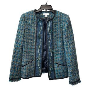 Vintage David Brooks Blue Green Tweed Fully Lined Cardigan Jacket Tassels Sz 8